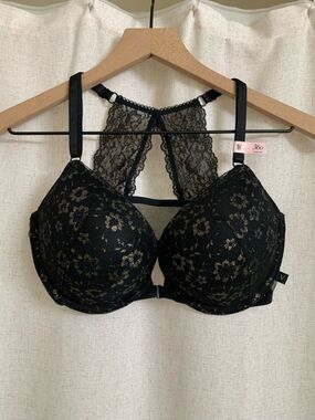 Victorias Secret Black Lace Push-Up Bra with Gold Accents Front Closure 36D
